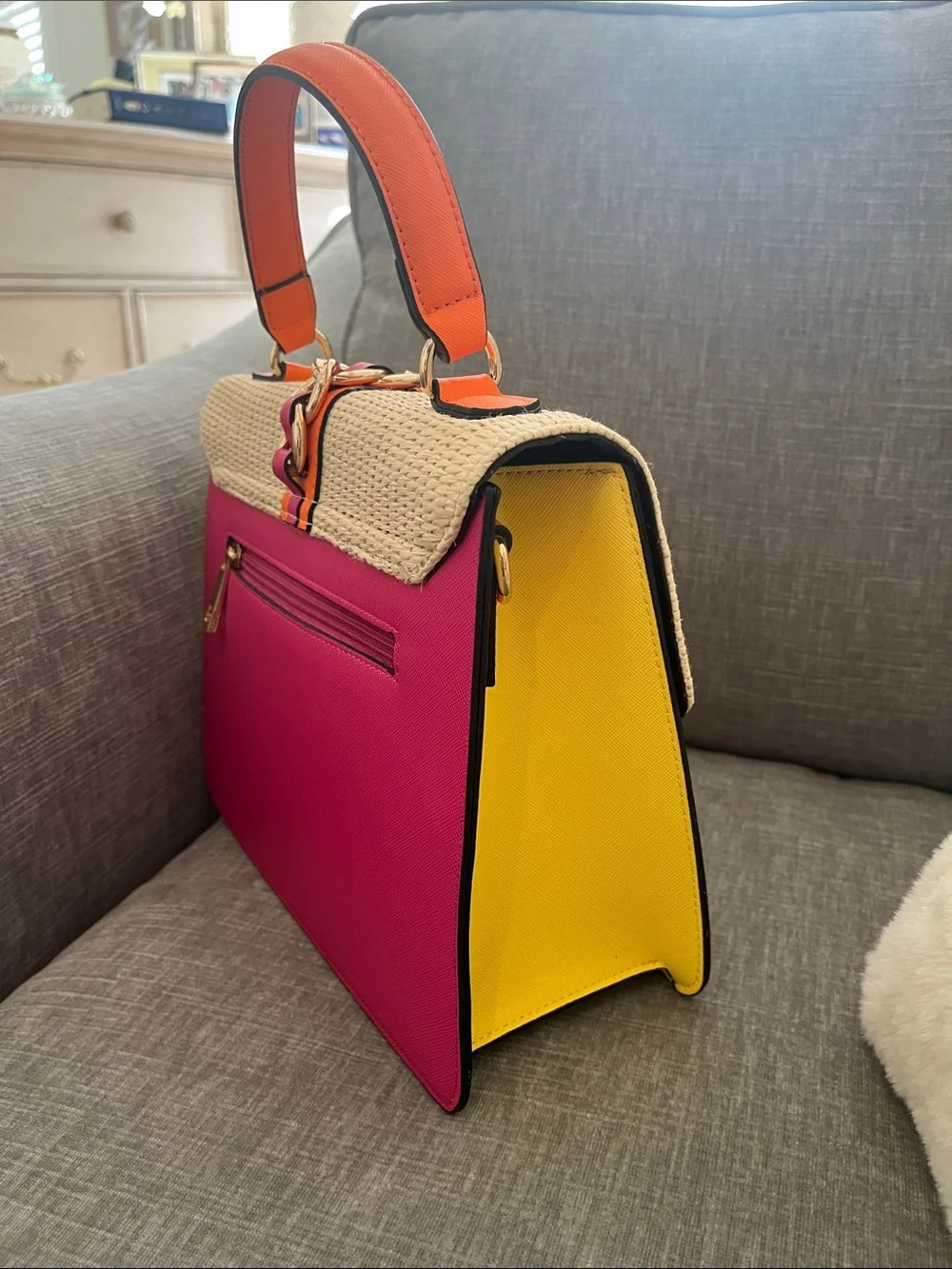 Aldo Cream Straw Satchel with Fuchsia & Orange Trim-Never Worn